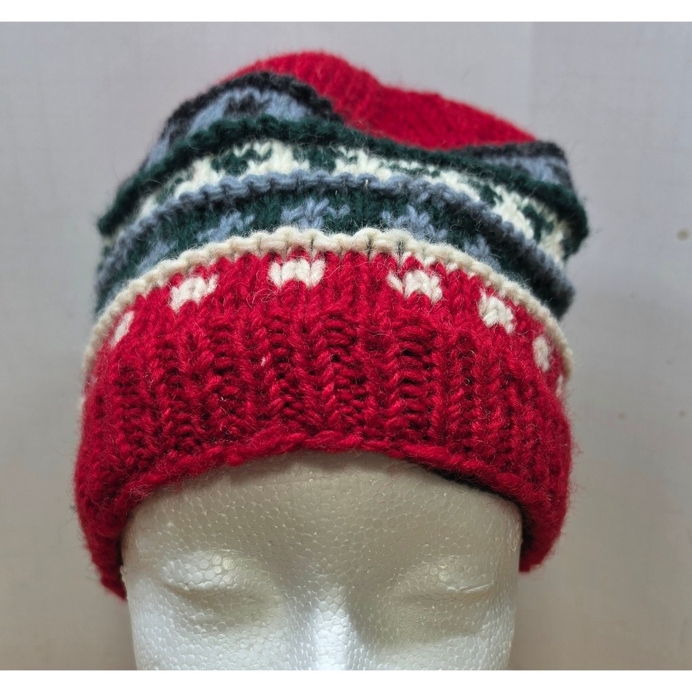 Handmade Nepal 100% Wool Fleece Lined Beanie Hat Red Fair Isle Knit Winter Cap